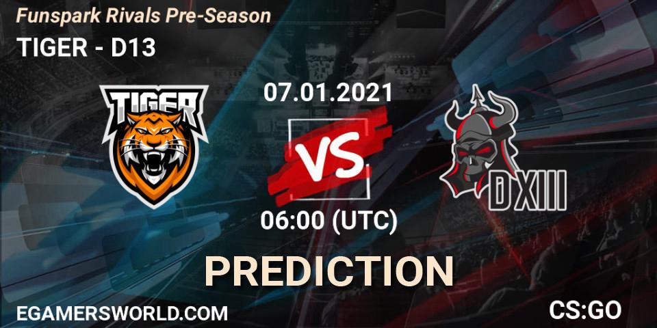 Prognose für das Spiel TIGER VS D13. 07.01.2021 at 06:00. Counter-Strike (CS2) - Funspark Rivals Pre-Season