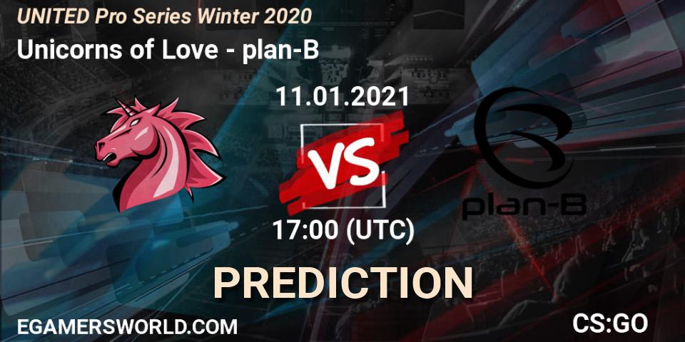 Prognose für das Spiel Unicorns of Love VS plan-B. 11.01.2021 at 17:00. Counter-Strike (CS2) - UNITED Pro Series Winter 2020