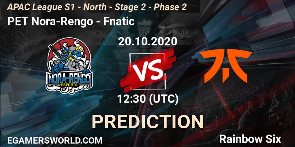 Prognose für das Spiel PET Nora-Rengo VS Fnatic. 20.10.20. Rainbow Six - APAC League S1 - North - Stage 2 - Phase 2
