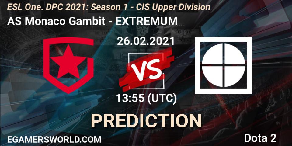 Prognose für das Spiel AS Monaco Gambit VS EXTREMUM. 26.02.2021 at 13:55. Dota 2 - ESL One. DPC 2021: Season 1 - CIS Upper Division