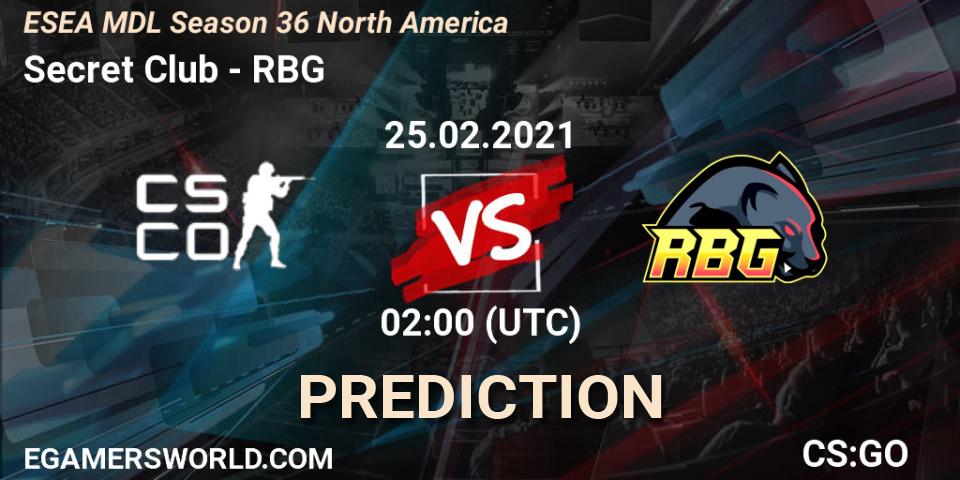 Prognose für das Spiel Secret Club VS RBG. 25.02.2021 at 02:00. Counter-Strike (CS2) - MDL ESEA Season 36: North America - Premier Division