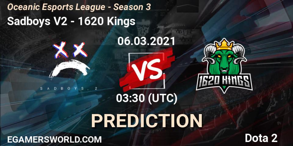 Prognose für das Spiel Sadboys V2 VS 1620 Kings. 06.03.2021 at 03:30. Dota 2 - Oceanic Esports League - Season 3