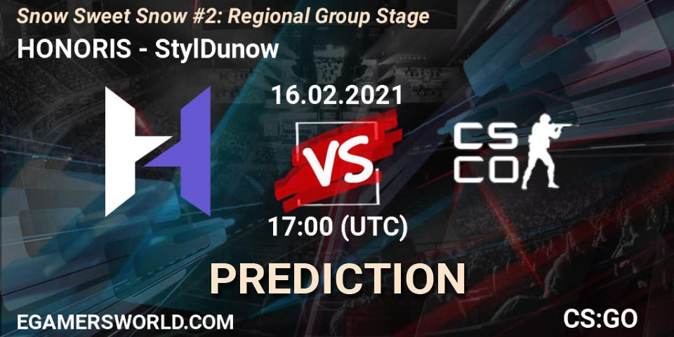 Prognose für das Spiel HONORIS VS StylDunow. 16.02.2021 at 17:00. Counter-Strike (CS2) - Snow Sweet Snow #2: Regional Group Stage