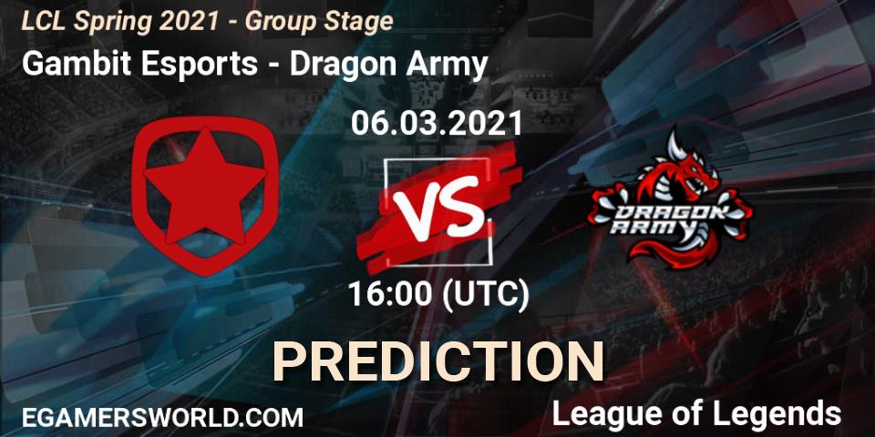 Prognose für das Spiel Gambit Esports VS Dragon Army. 06.03.21. LoL - LCL Spring 2021 - Group Stage
