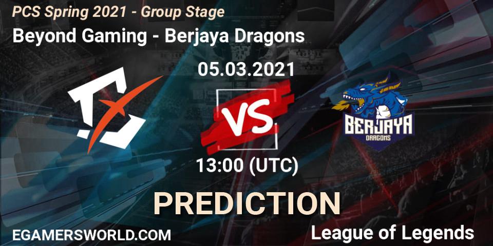 Prognose für das Spiel Beyond Gaming VS Berjaya Dragons. 05.03.2021 at 13:00. LoL - PCS Spring 2021 - Group Stage