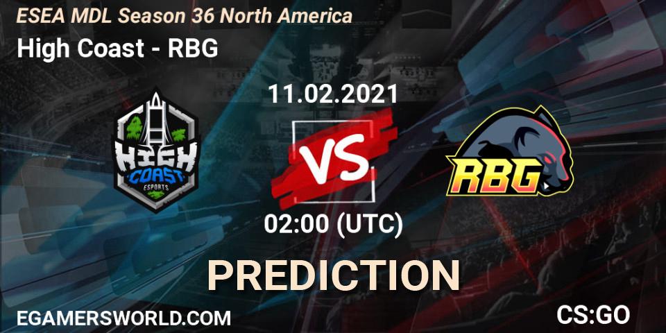 Prognose für das Spiel High Coast VS RBG. 11.02.2021 at 02:00. Counter-Strike (CS2) - MDL ESEA Season 36: North America - Premier Division