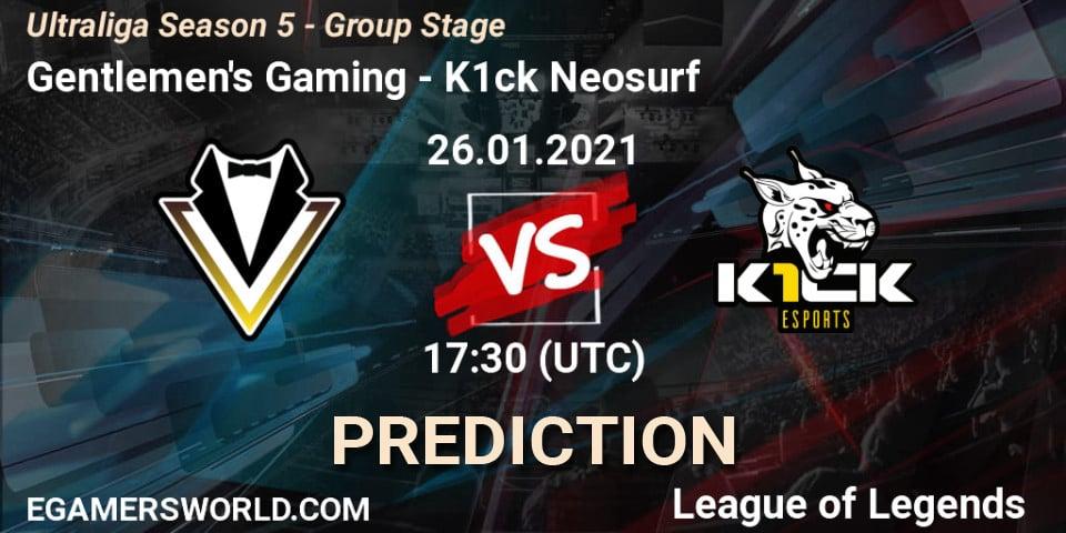 Prognose für das Spiel Gentlemen's Gaming VS K1ck Neosurf. 26.01.2021 at 17:30. LoL - Ultraliga Season 5 - Group Stage