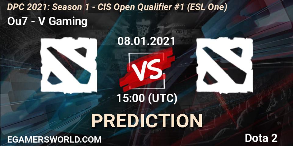 Prognose für das Spiel Ou7 VS V Gaming. 08.01.2021 at 15:00. Dota 2 - DPC 2021: Season 1 - CIS Open Qualifier #1 (ESL One)