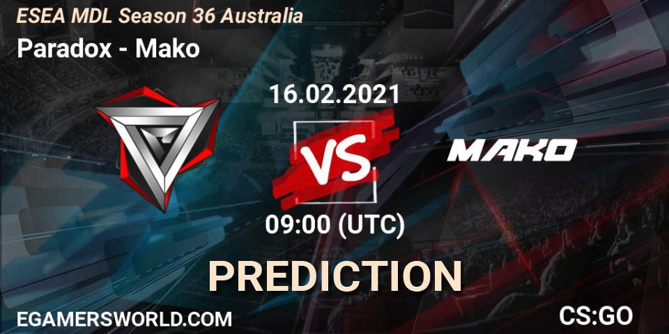 Prognose für das Spiel Paradox VS Mako. 16.02.2021 at 09:00. Counter-Strike (CS2) - MDL ESEA Season 36: Australia - Premier Division