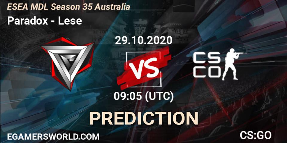 Prognose für das Spiel Paradox VS Lese. 29.10.2020 at 09:05. Counter-Strike (CS2) - ESEA MDL Season 35 Australia