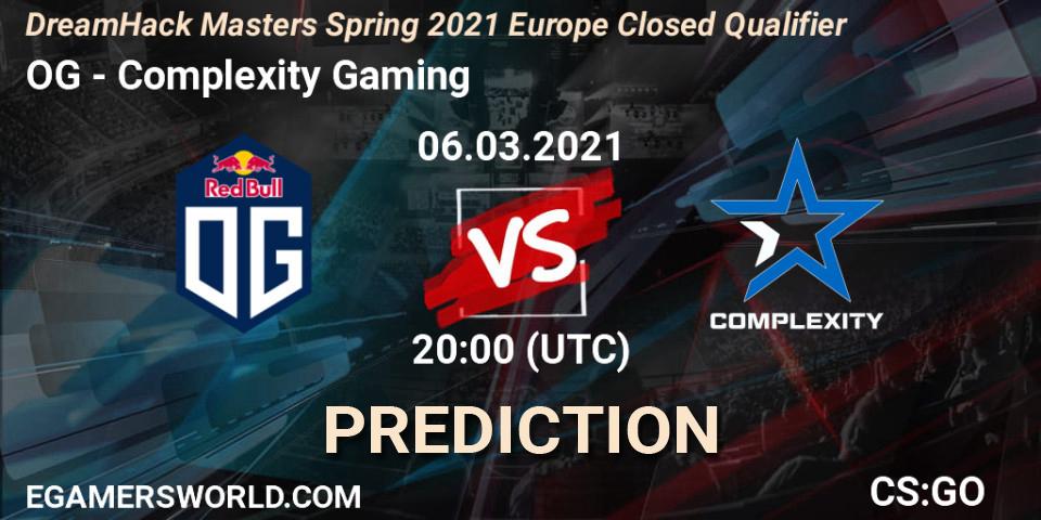 Prognose für das Spiel OG VS Complexity Gaming. 06.03.2021 at 20:10. Counter-Strike (CS2) - DreamHack Masters Spring 2021 Europe Closed Qualifier