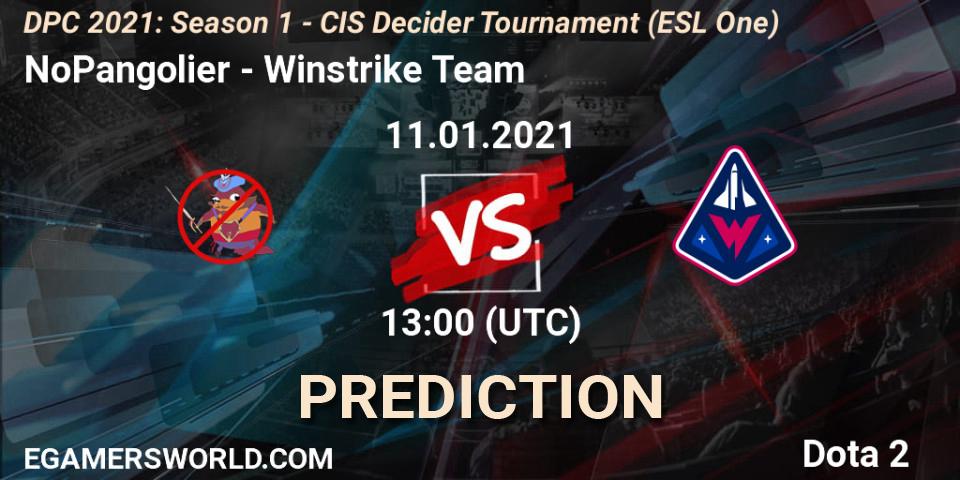 Prognose für das Spiel NoPangolier VS Winstrike Team. 11.01.2021 at 13:00. Dota 2 - DPC 2021: Season 1 - CIS Decider Tournament (ESL One)