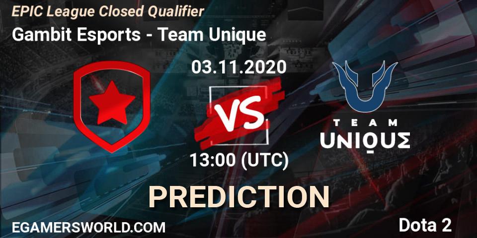 Prognose für das Spiel Gambit Esports VS Team Unique. 03.11.2020 at 15:00. Dota 2 - EPIC League Closed Qualifier