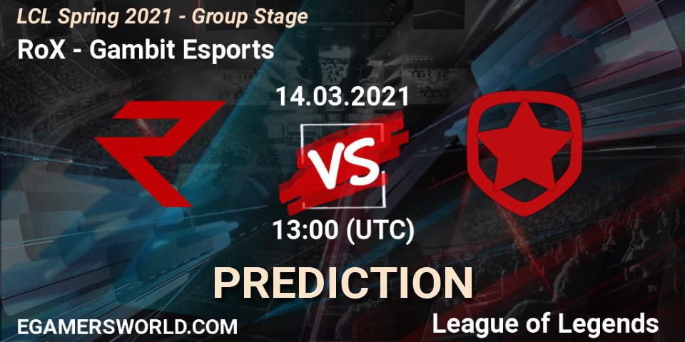 Prognose für das Spiel RoX VS Gambit Esports. 14.03.21. LoL - LCL Spring 2021 - Group Stage