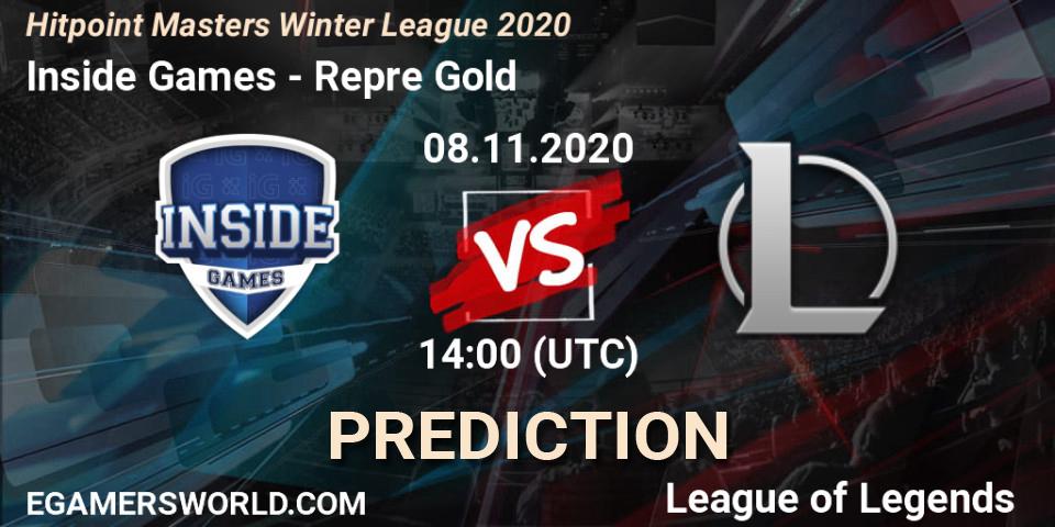 Prognose für das Spiel Inside Games VS Repre Gold. 08.11.2020 at 14:00. LoL - Hitpoint Masters Winter League 2020