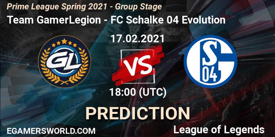 Prognose für das Spiel Team GamerLegion VS FC Schalke 04 Evolution. 17.02.2021 at 17:00. LoL - Prime League Spring 2021 - Group Stage