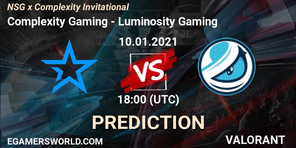 Prognose für das Spiel Complexity Gaming VS Luminosity Gaming. 10.01.2021 at 18:00. VALORANT - NSG x Complexity Invitational