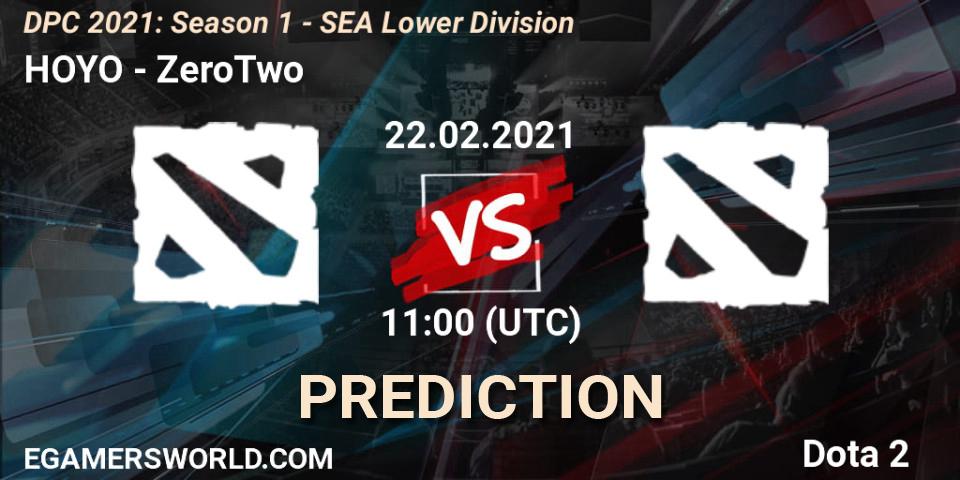 Prognose für das Spiel HOYO VS ZeroTwo. 22.02.2021 at 11:08. Dota 2 - DPC 2021: Season 1 - SEA Lower Division