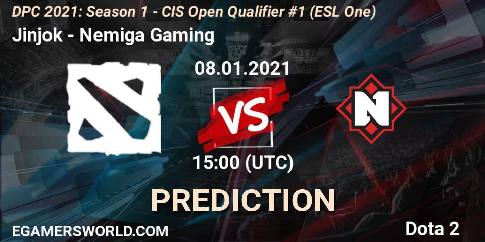 Prognose für das Spiel Jinjok VS Nemiga Gaming. 08.01.2021 at 15:00. Dota 2 - DPC 2021: Season 1 - CIS Open Qualifier #1 (ESL One)