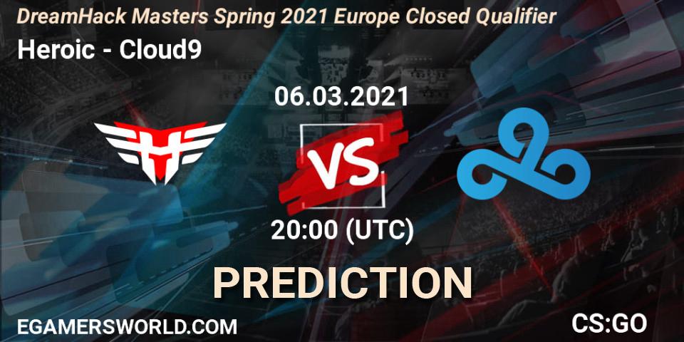 Prognose für das Spiel Heroic VS Cloud9. 06.03.2021 at 20:00. Counter-Strike (CS2) - DreamHack Masters Spring 2021 Europe Closed Qualifier