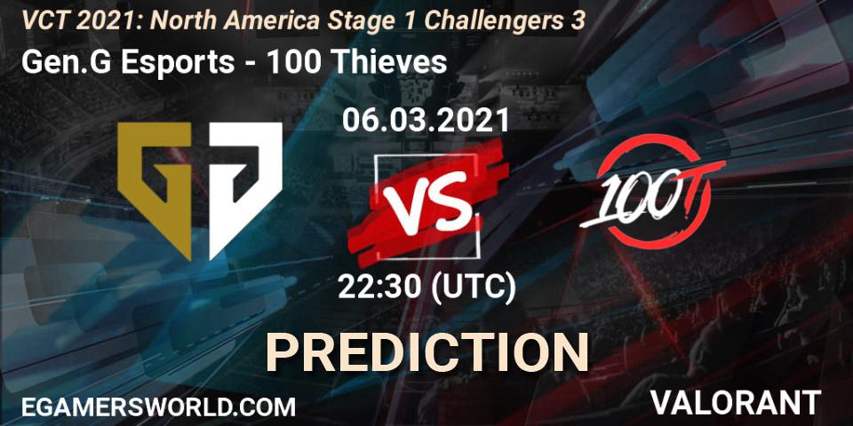 Prognose für das Spiel Gen.G Esports VS 100 Thieves. 06.03.2021 at 22:00. VALORANT - VCT 2021: North America Stage 1 Challengers 3