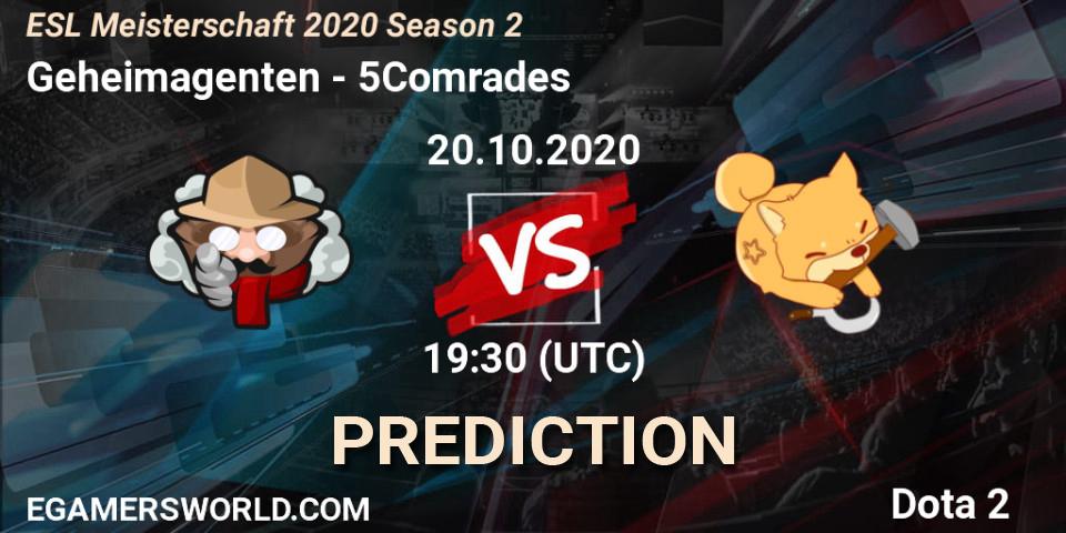 Prognose für das Spiel Geheimagenten VS 5Comrades. 22.10.2020 at 17:15. Dota 2 - ESL Meisterschaft 2020 Season 2