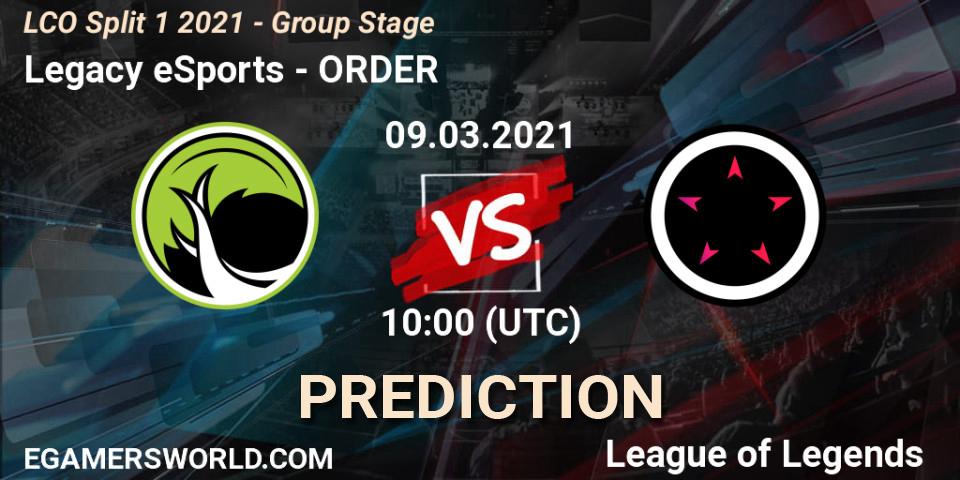 Prognose für das Spiel Legacy eSports VS ORDER. 09.03.2021 at 10:00. LoL - LCO Split 1 2021 - Group Stage