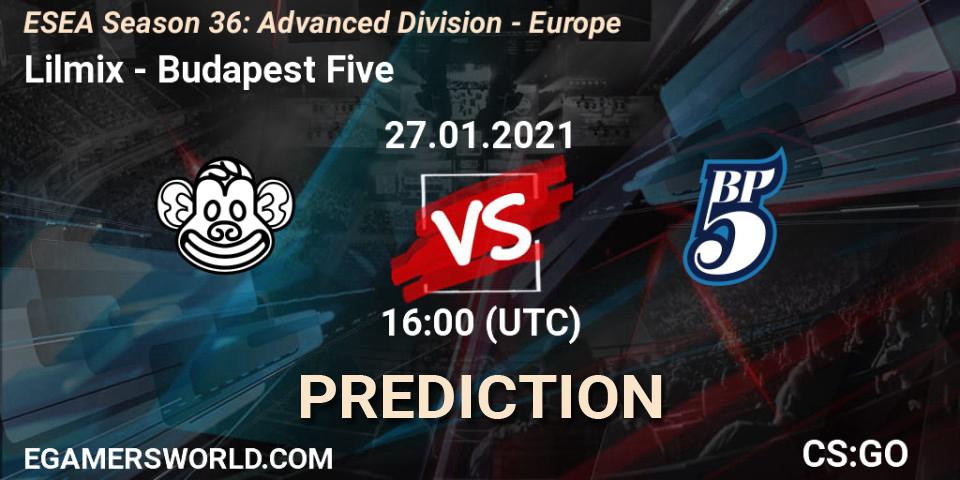 Prognose für das Spiel Lilmix VS Budapest Five. 27.01.2021 at 18:00. Counter-Strike (CS2) - ESEA Season 36: Europe - Advanced Division