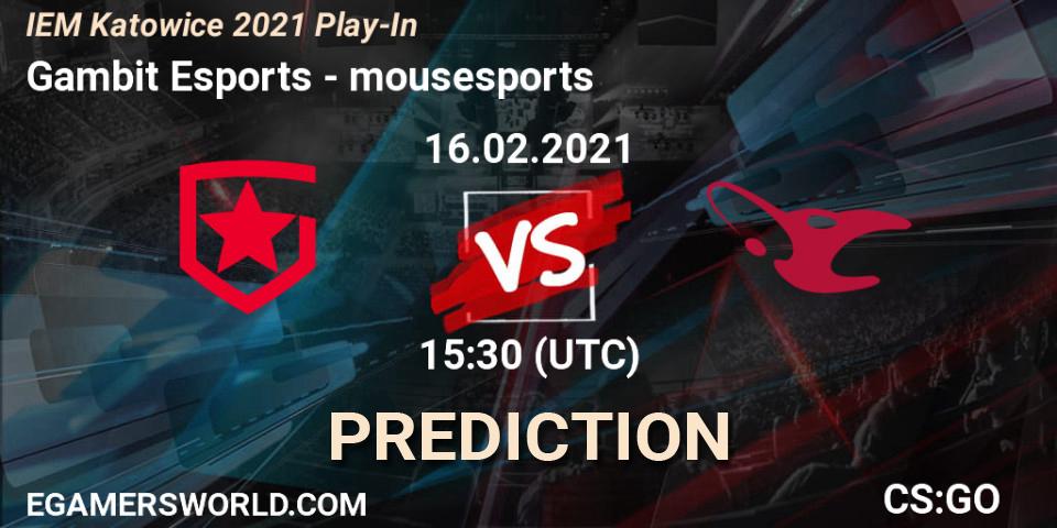 Prognose für das Spiel Gambit Esports VS mousesports. 16.02.21. CS2 (CS:GO) - IEM Katowice 2021 Play-In