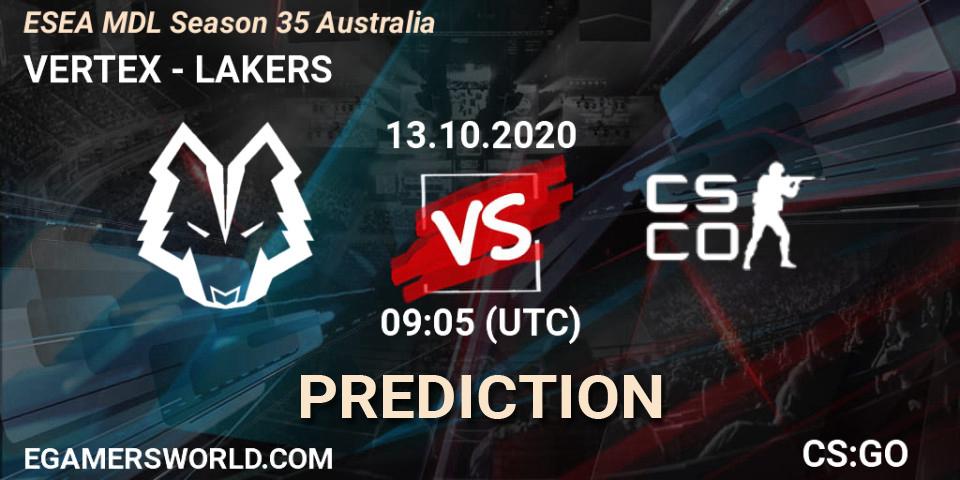 Prognose für das Spiel VERTEX VS LAKERS. 13.10.2020 at 09:05. Counter-Strike (CS2) - ESEA MDL Season 35 Australia