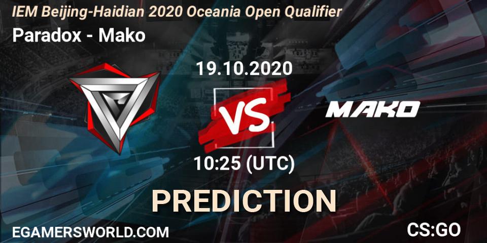 Prognose für das Spiel Paradox VS Mako. 20.10.2020 at 07:00. Counter-Strike (CS2) - IEM Beijing-Haidian 2020 Oceania Open Qualifier