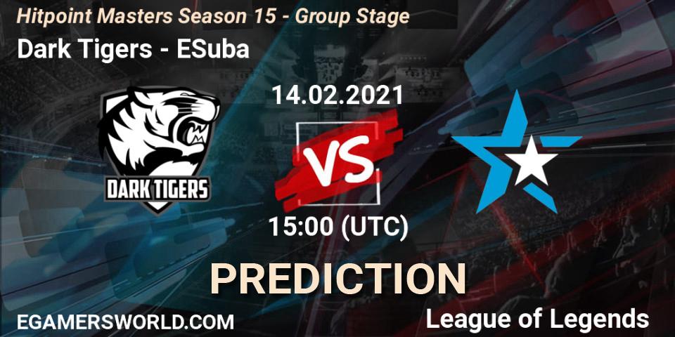 Prognose für das Spiel Dark Tigers VS ESuba. 14.02.2021 at 15:00. LoL - Hitpoint Masters Season 15 - Group Stage