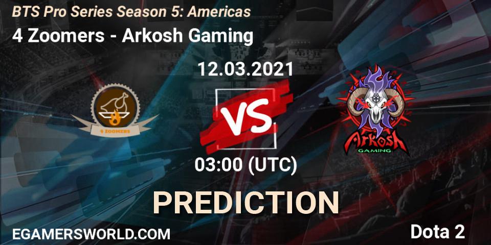 Prognose für das Spiel 4 Zoomers VS Arkosh Gaming. 12.03.2021 at 00:59. Dota 2 - BTS Pro Series Season 5: Americas