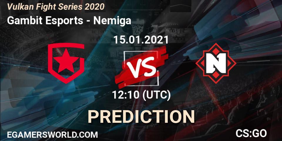 Prognose für das Spiel Gambit Esports VS Nemiga. 15.01.2021 at 12:10. Counter-Strike (CS2) - Vulkan Fight Series 2020