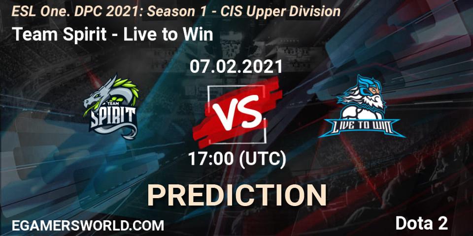 Prognose für das Spiel Team Spirit VS Live to Win. 07.02.21. Dota 2 - ESL One. DPC 2021: Season 1 - CIS Upper Division