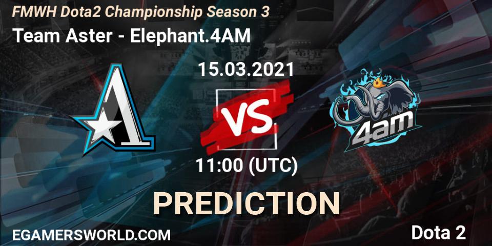 Prognose für das Spiel Team Aster VS Elephant.4AM. 15.03.2021 at 10:55. Dota 2 - FMWH Dota2 Championship Season 3