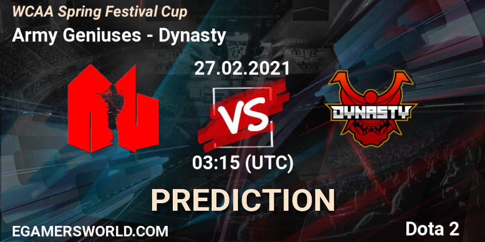 Prognose für das Spiel Army Geniuses VS Dynasty. 27.02.2021 at 03:17. Dota 2 - WCAA Spring Festival Cup