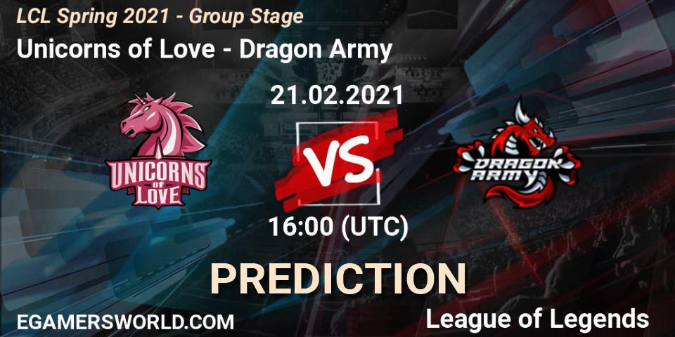 Prognose für das Spiel Unicorns of Love VS Dragon Army. 21.02.2021 at 16:00. LoL - LCL Spring 2021 - Group Stage