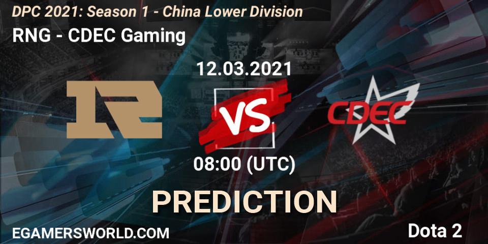 Prognose für das Spiel RNG VS CDEC Gaming. 12.03.2021 at 08:01. Dota 2 - DPC 2021: Season 1 - China Lower Division
