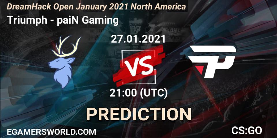 Prognose für das Spiel Triumph VS paiN Gaming. 27.01.2021 at 20:50. Counter-Strike (CS2) - DreamHack Open January 2021 North America
