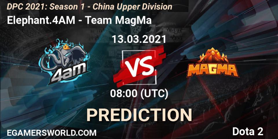 Prognose für das Spiel Elephant.4AM VS Team MagMa. 13.03.2021 at 08:02. Dota 2 - DPC 2021: Season 1 - China Upper Division