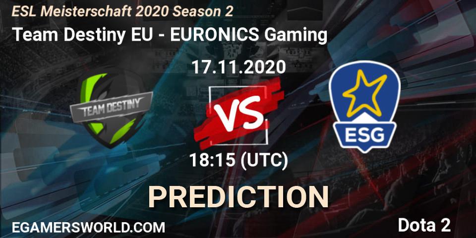 Prognose für das Spiel Team Destiny EU VS EURONICS Gaming. 17.11.2020 at 20:21. Dota 2 - ESL Meisterschaft 2020 Season 2