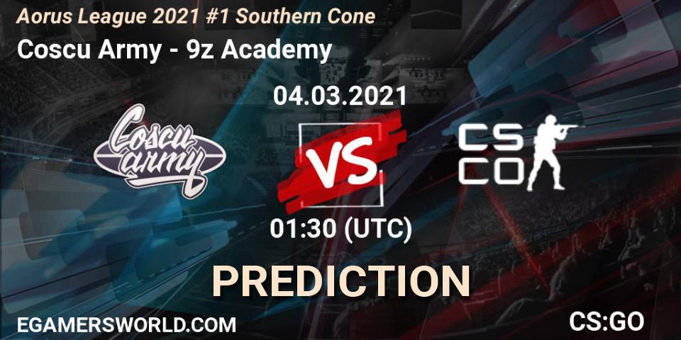 Prognose für das Spiel Coscu Army VS 9z Academy. 04.03.2021 at 01:00. Counter-Strike (CS2) - Aorus League 2021 #1 Southern Cone