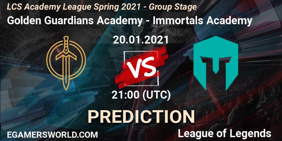 Prognose für das Spiel Golden Guardians Academy VS Immortals Academy. 20.01.2021 at 21:00. LoL - LCS Academy League Spring 2021 - Group Stage