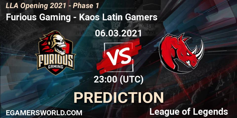 Prognose für das Spiel Furious Gaming VS Kaos Latin Gamers. 06.03.21. LoL - LLA Opening 2021 - Phase 1