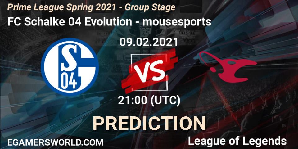 Prognose für das Spiel FC Schalke 04 Evolution VS mousesports. 09.02.2021 at 20:15. LoL - Prime League Spring 2021 - Group Stage