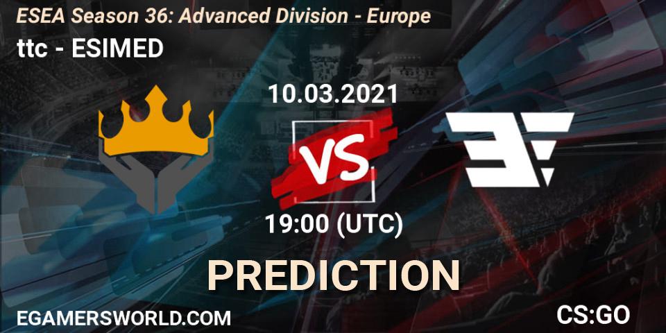 Prognose für das Spiel ttc VS ESIMED. 10.03.2021 at 19:00. Counter-Strike (CS2) - ESEA Season 36: Europe - Advanced Division