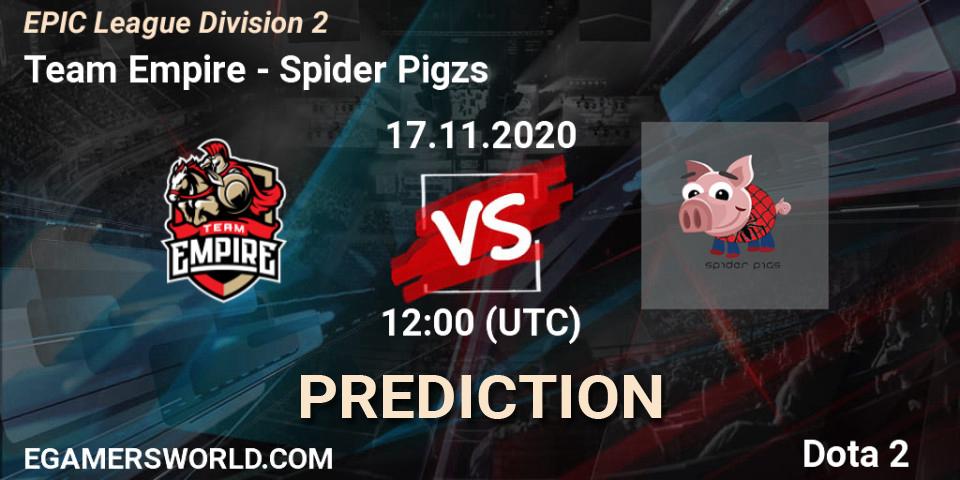 Prognose für das Spiel Team Empire VS Spider Pigzs. 17.11.2020 at 11:07. Dota 2 - EPIC League Division 2