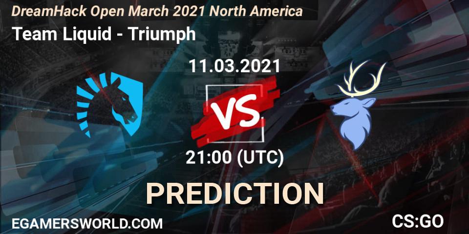 Prognose für das Spiel Team Liquid VS Triumph. 11.03.2021 at 21:00. Counter-Strike (CS2) - DreamHack Open March 2021 North America