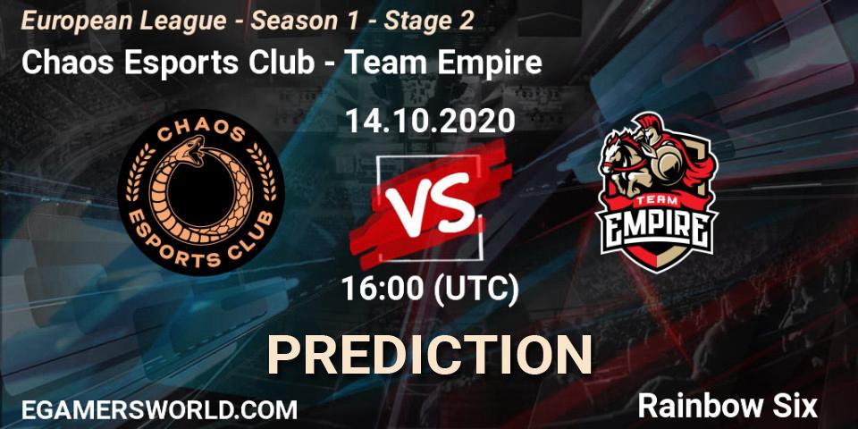 Prognose für das Spiel Chaos Esports Club VS Team Empire. 14.10.20. Rainbow Six - European League - Season 1 - Stage 2